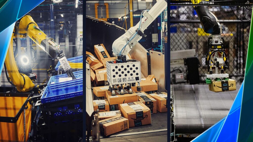 Image showing three robotic arms working in a logistics environment: one arm handling blue bins, another interacting with boxes, and a third lifting a packaged item.