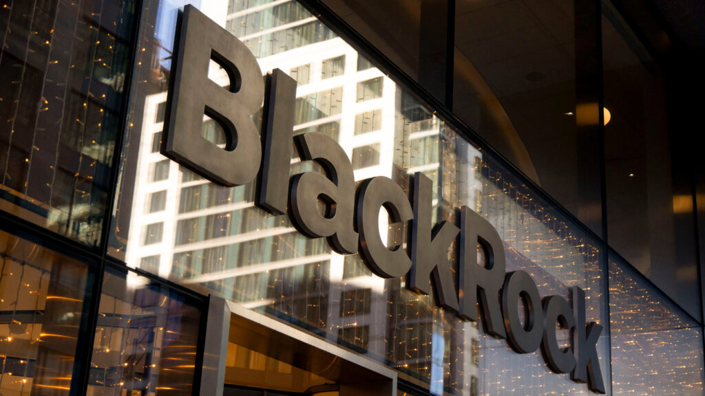 Power grid and data-center towers with BlackRock and Blackstone logos depicting energy infrastructure takeover.