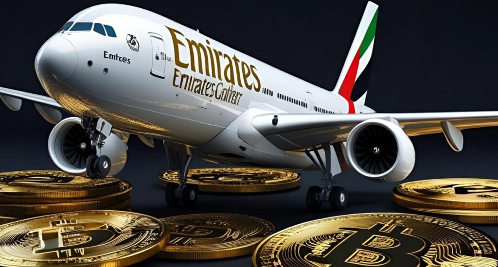 Emirates plane with Ethereum logo representing airlineโs future crypto payment adoption.
